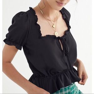 UO Riley Ruffle Tie Front Blouse- Black